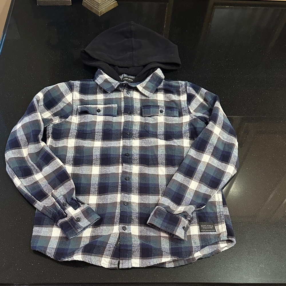 Silver Jeans Green and Blue Plaid Flannel Hooded Shirt (Boys XL)